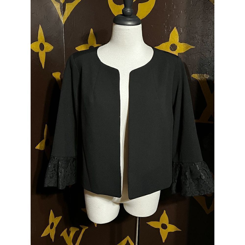 Anne Klein Size Small Black Cropped Jacket, Fluted Lace Sleeves